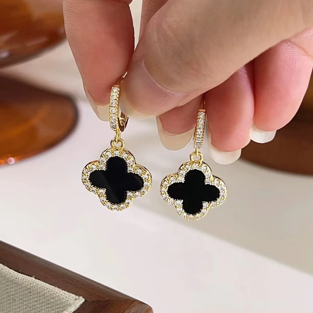 铜合金耳饰 韩国黑色四叶草耳环女纯银小众设计感高级感爆款耳圈