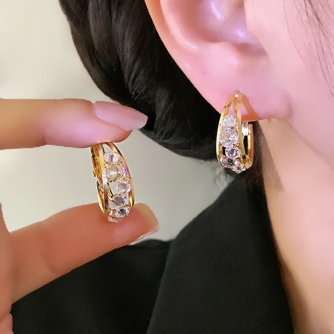 铜合金合成锆石耳饰 高级感轻奢时尚气质金色微镶锆石耳圈1274