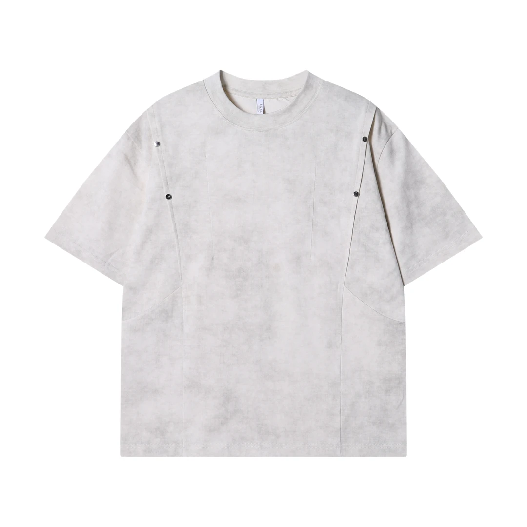 夏季高级感新款潮牌铆钉褶皱圆领短袖T恤百搭宽松时尚套头上衣