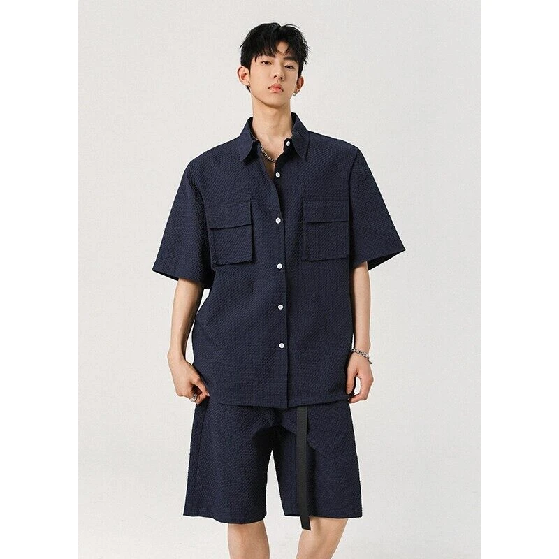 泡泡纱自带腰带翻领衬衫男休闲短袖短裤套装复古工装夏季洋气潮牌