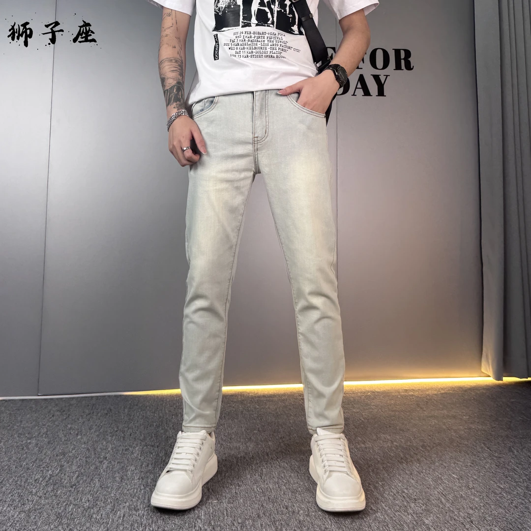 夏季薄款牛仔裤男修身百搭潮流小脚裤时尚韩版个性牛仔长裤男款