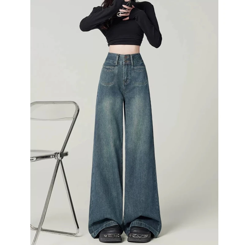 2025早秋新款腰显瘦复古宽松微喇阔腿裤显高百搭牛仔裤女