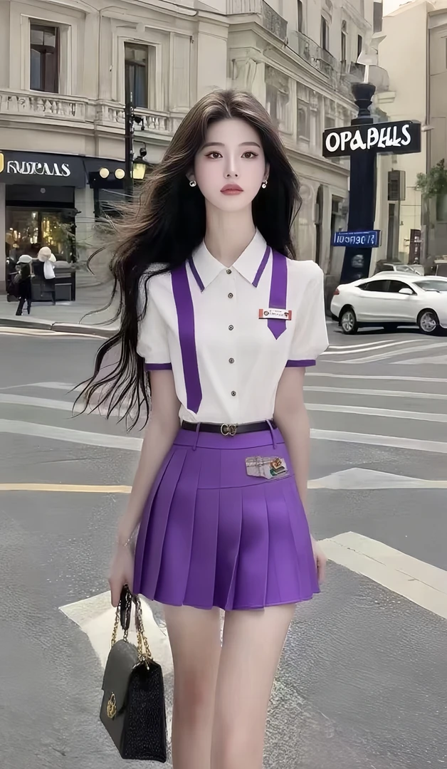 学院风休闲气质穿搭白色衬衫上衣+紫色百搭显瘦百褶半身裙两件套