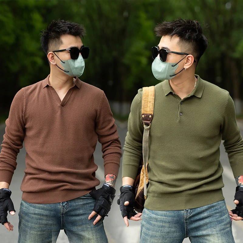 聚12509 【100两件联戏客服退差】复古男士针织菠萝纹长袖POLO衫