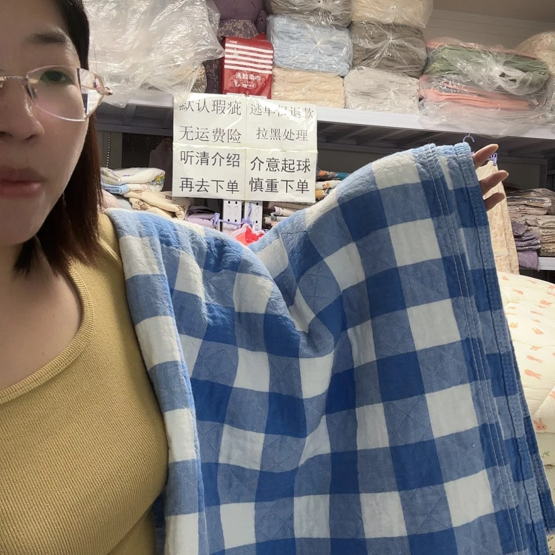 棉双人蓝色格子纱布盖毯