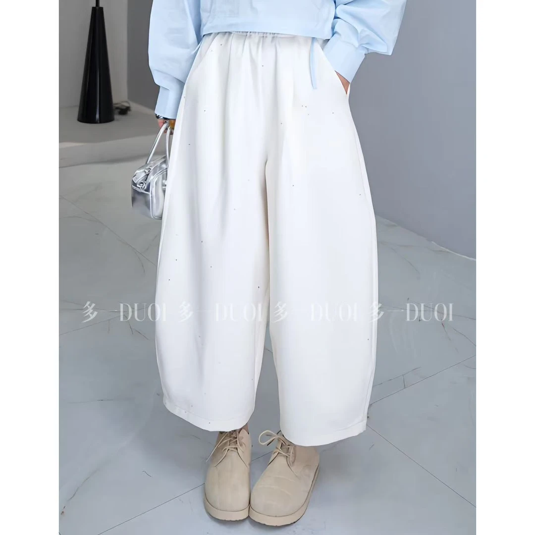 多一“满星”2025早春高腰松紧亮片设计立体剪裁时尚阔腿休闲裤