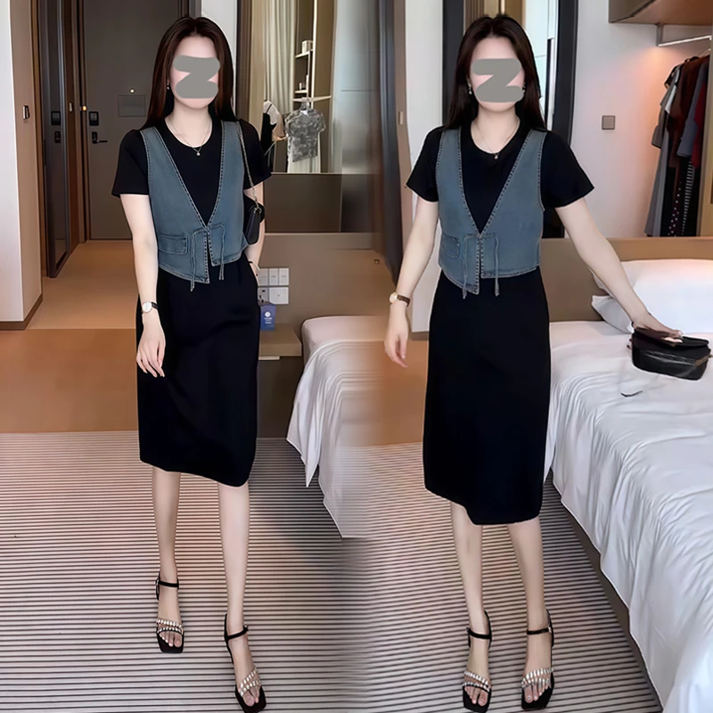 慵懒风假两件拼接牛仔马甲短袖连衣裙女2025年夏季新款百搭裙子潮