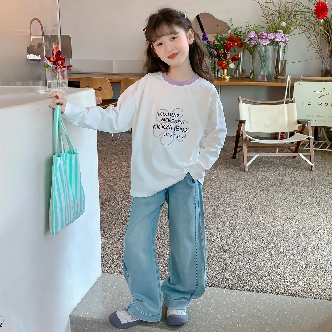 女童春季打底上衣2025春季新款时尚拼色中大童甜美百搭T恤Q13137