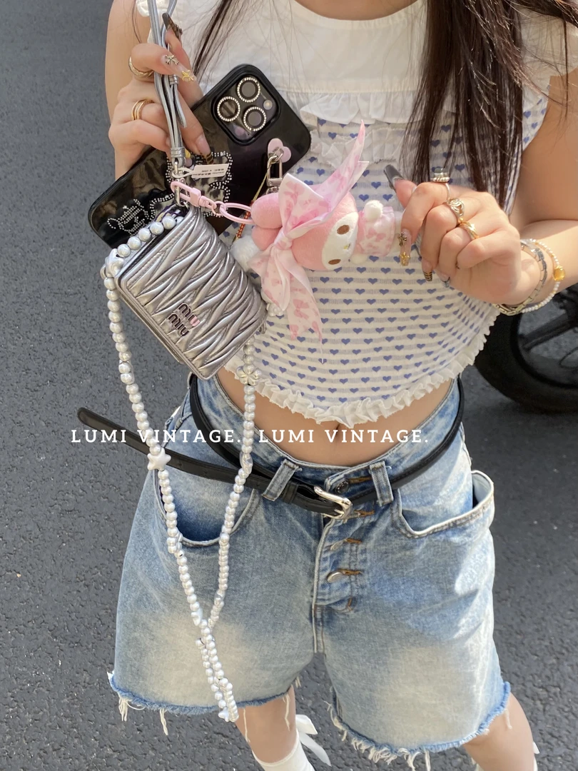 95新 MIU MIU/缪缪 银色羊皮mini单肩包88820768