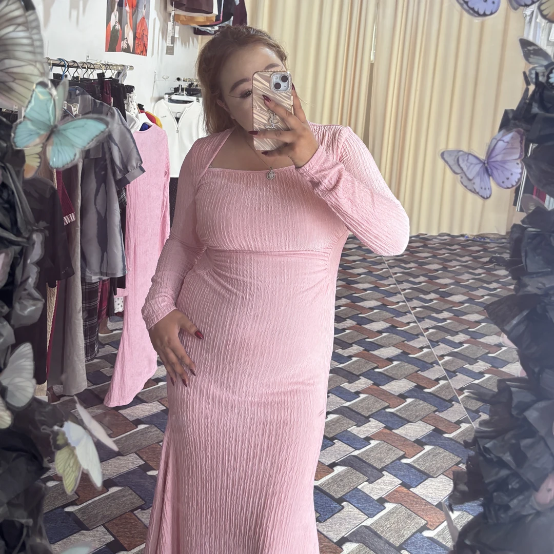 秋冬磨毛法式方领修身包臀针织连衣裙气质鱼尾长裙