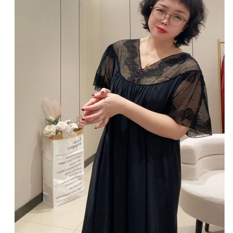 2025新款大码冰丝睡裙性感蕾丝拼接V领半袖家居服质感胖mm显瘦
