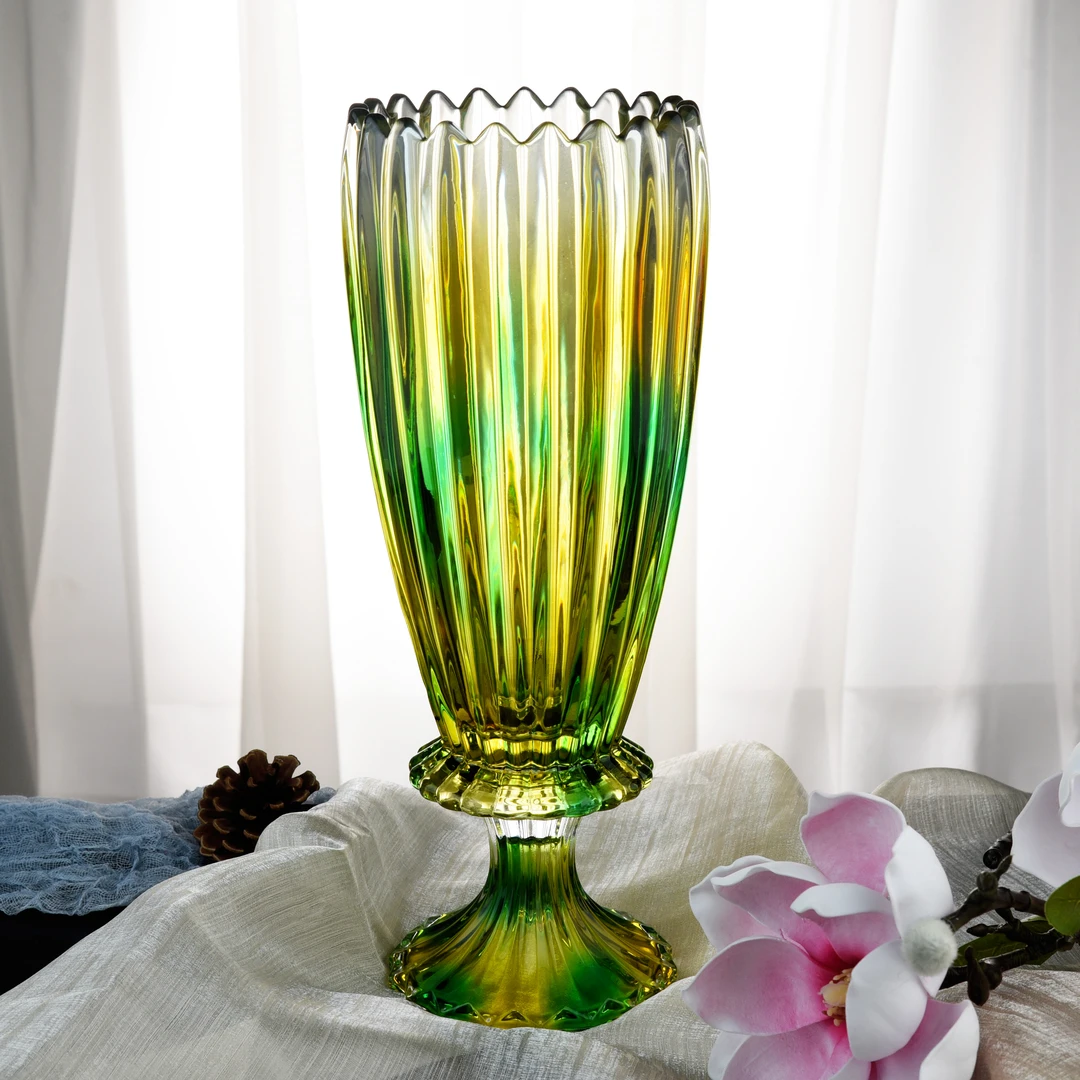 【金像】新年祖母绿套系带脚条纹花瓶水晶玻璃果斗时尚家用创意H280
