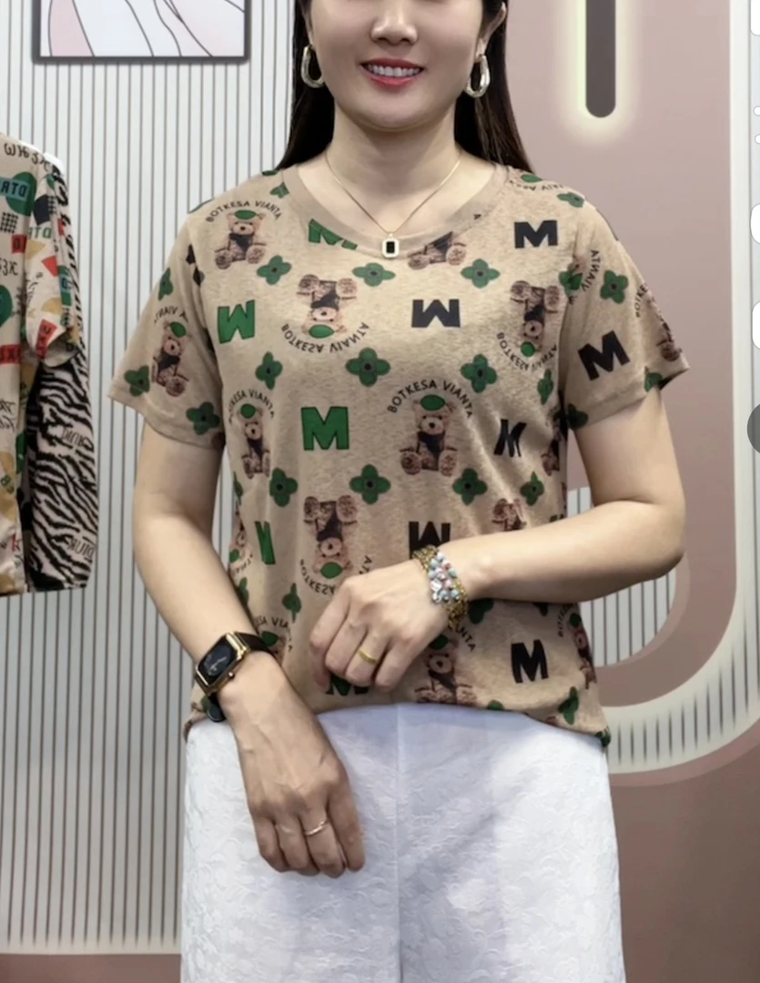 夏季新款短袖百搭款小衫遮肉显瘦上衣时尚妈妈装小熊