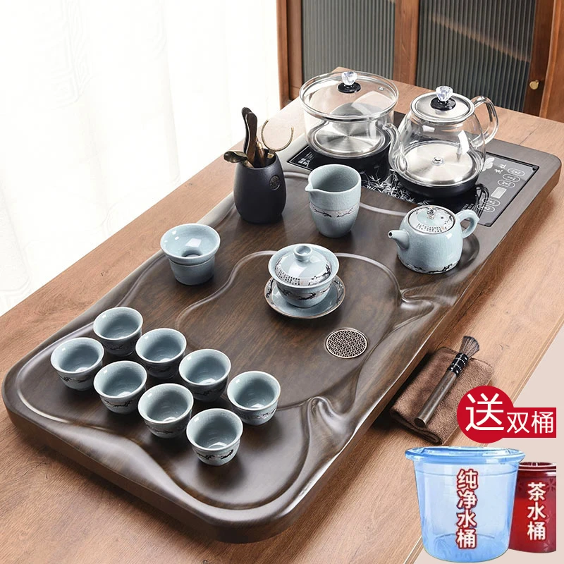 加厚整块实木茶盘全自动玻璃烧水壶高档功夫茶具套装家用茶台一体