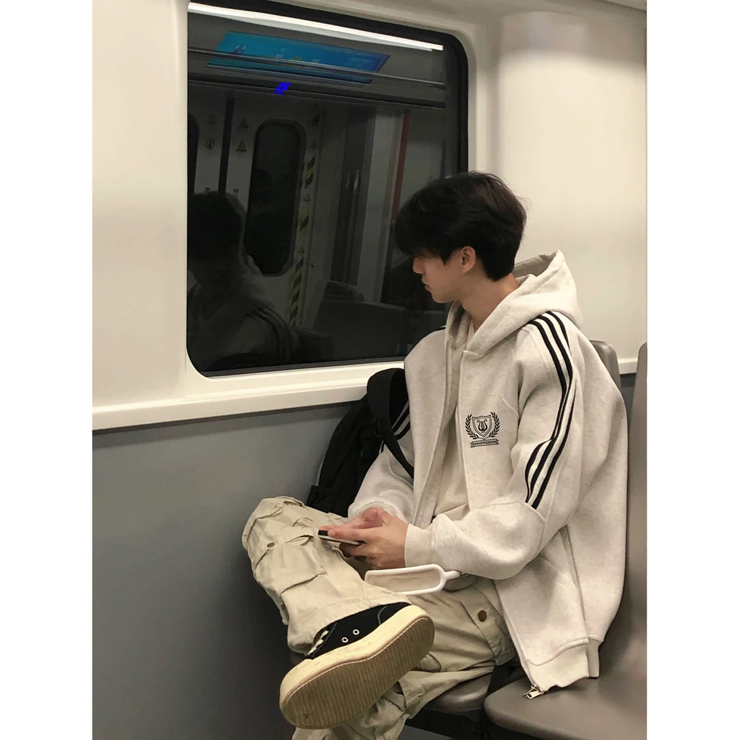 美式个性潮流徽章印花开衫连帽卫衣男女秋冬季三条杠宽松休闲外套