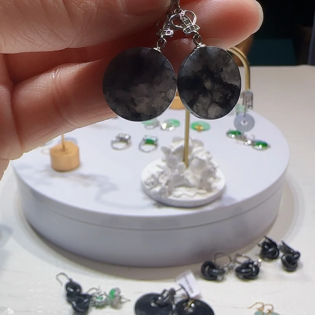 翡翠耳饰银S925镶嵌天然缅甸a货翡翠