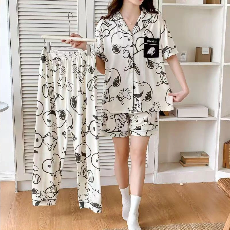 韩版ins风卡通史努比睡衣女夏季开衫短袖套装可爱舒适夏天家居服