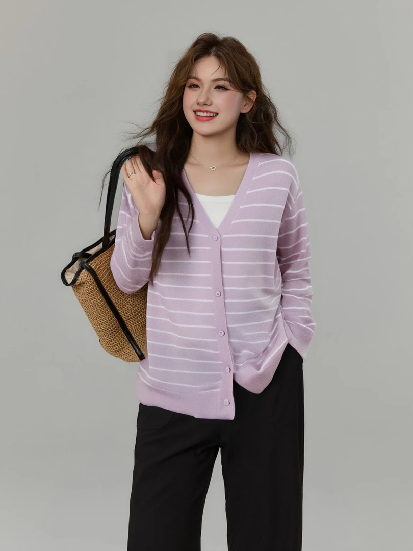 *大码女装v领长袖薄款外套条纹上衣2024夏胖mm宽松针织开衫22261