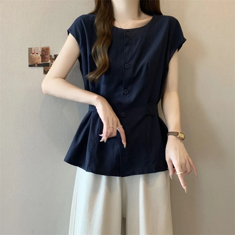 大码气质短袖衬衫女胖MM宽松显瘦洋气减龄遮肚子薄款百搭收腰上衣