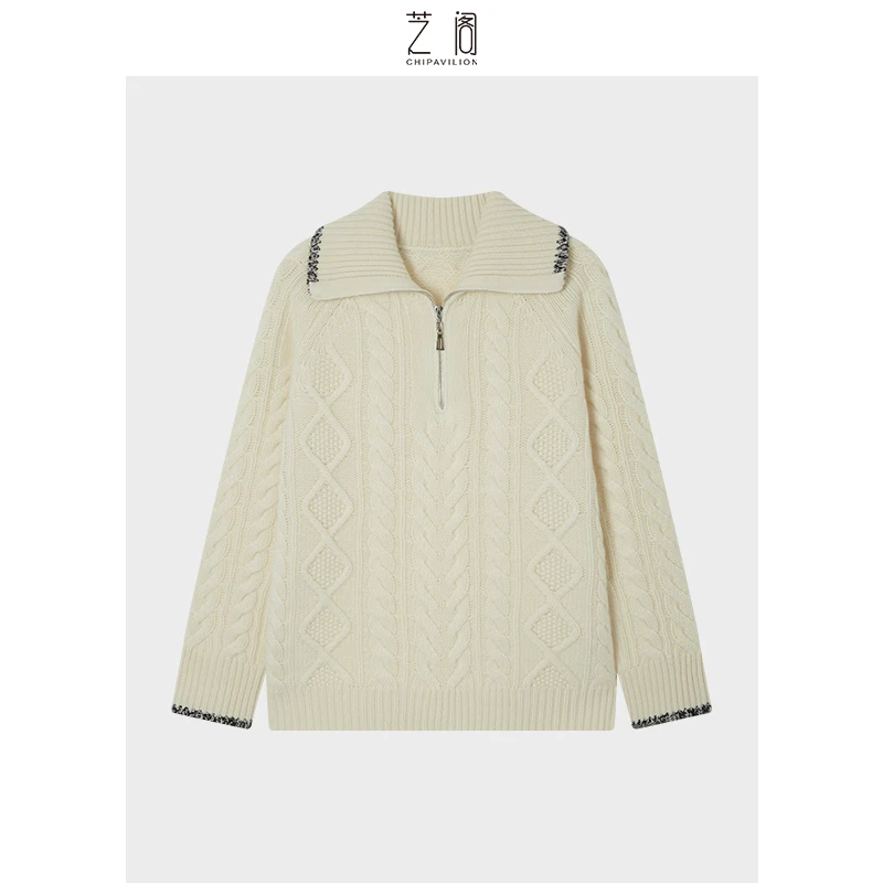 【芝阁】半拉链翻领绞花纯山羊绒毛衣W2412A61018
