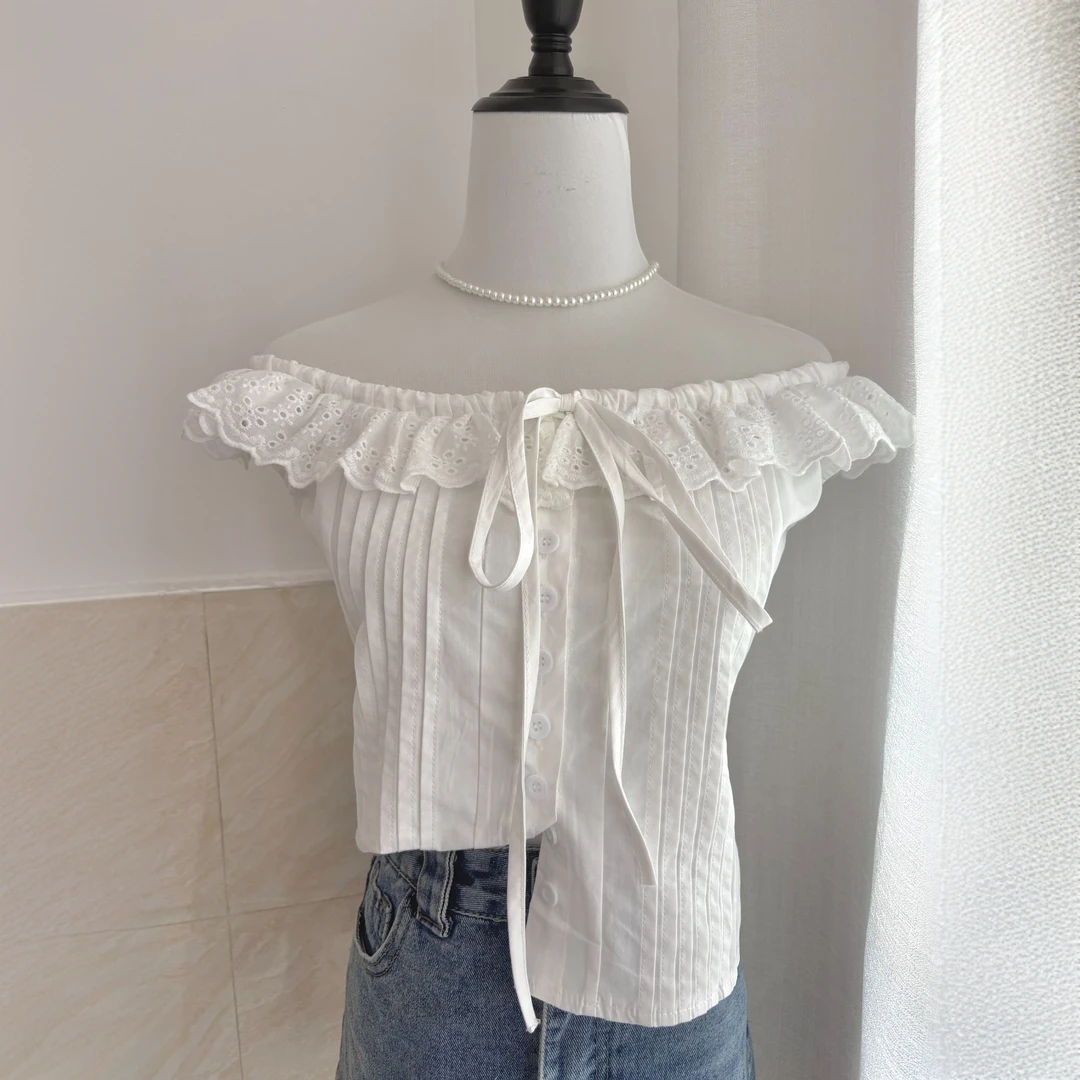 韩系甜美蕾丝花边方领衬衫女夏季新款蝴蝶结系带白色短款吊带背心