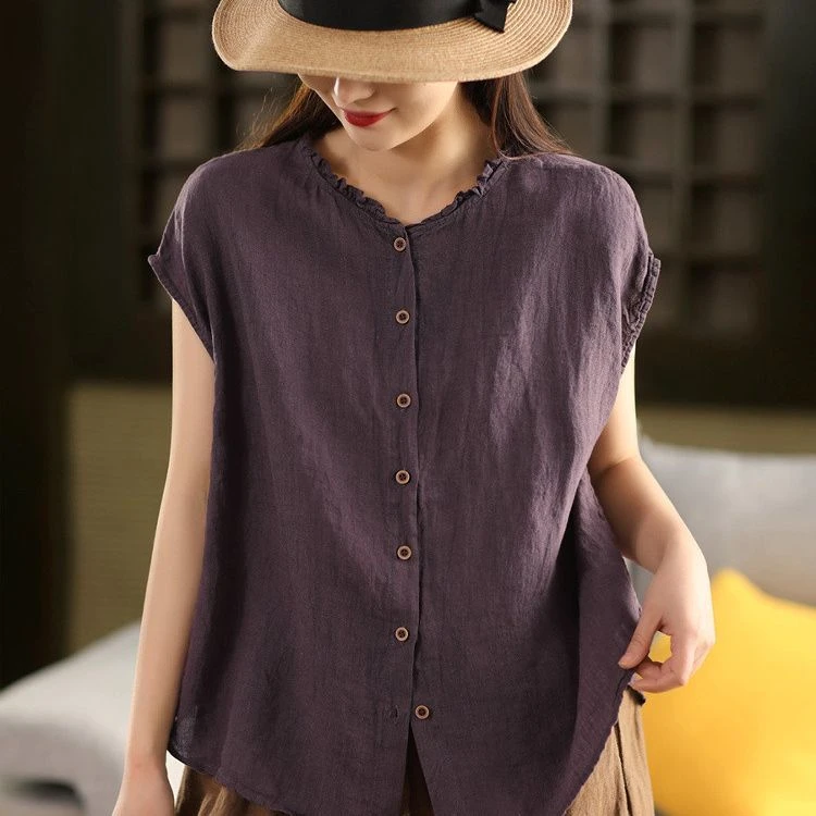 【清货+运费险】重工棉麻木耳领衬衫女复古无袖单排扣百搭上衣V14