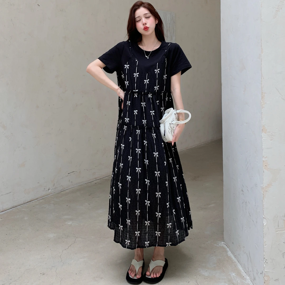 2025夏新款/大码假两件蝴蝶结气质碎花长款连衣裙黑色显瘦裙子女