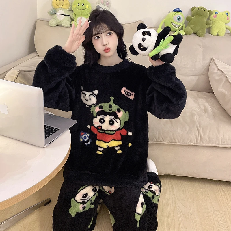 冬季新款睡衣女趣味小新甜美加绒加厚家居服套装可外穿保暖爆款