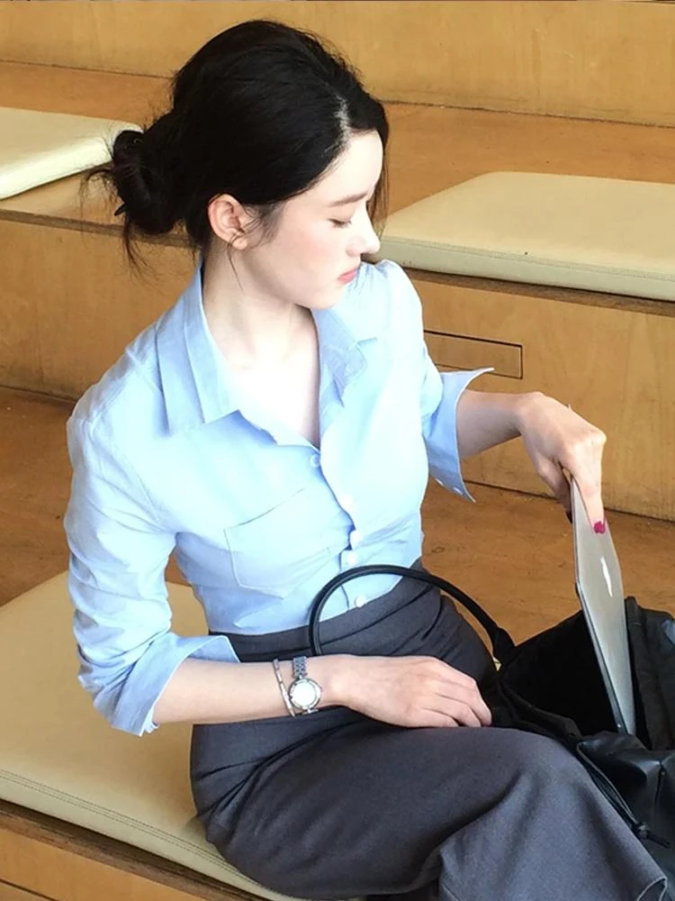 刘亦菲同款职业装韩国chic简约纯色基础款修身短款衬衫女翻领衬衣