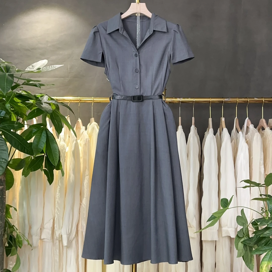 X5005 高端名媛风灰色系带中长款连衣裙