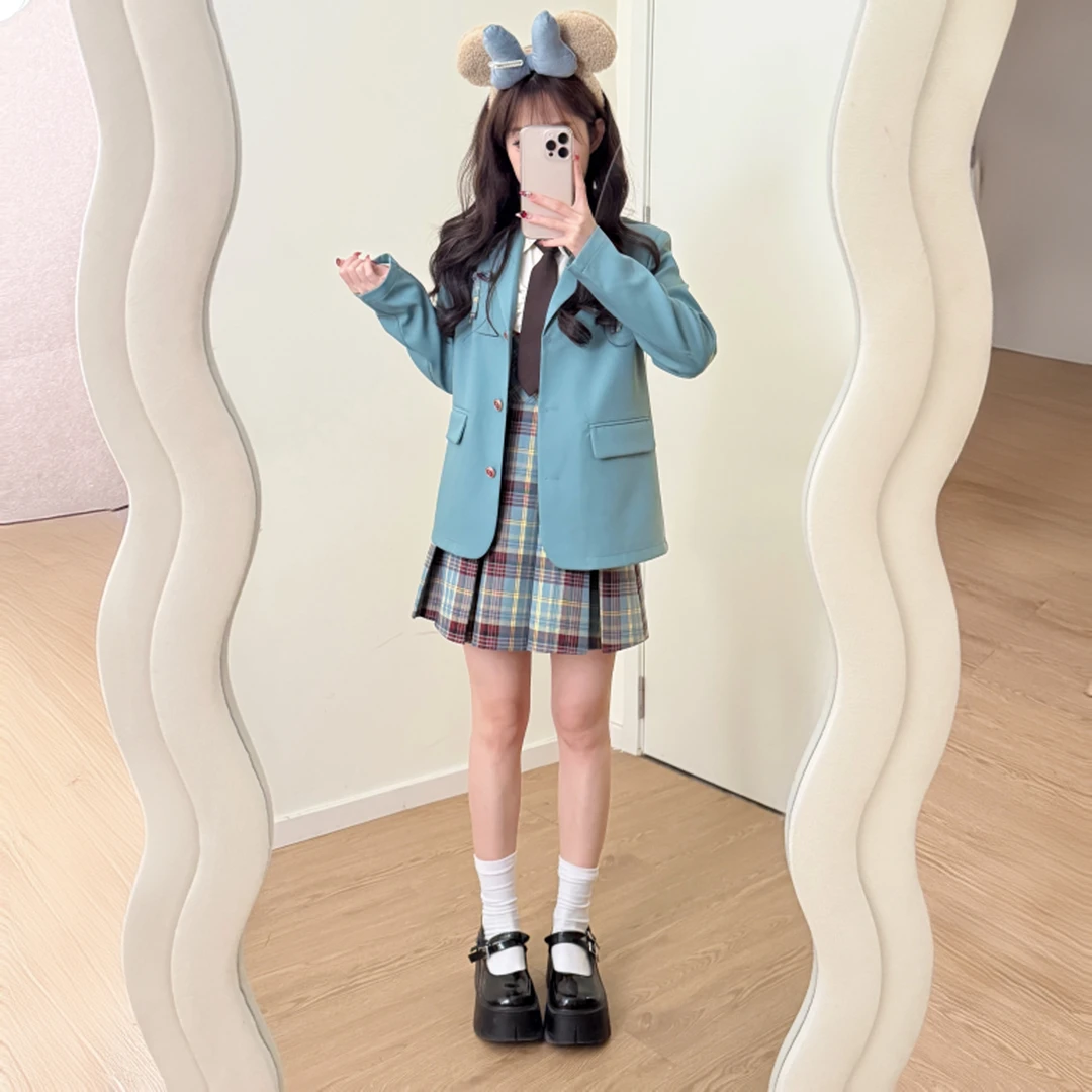 青藤学妹 织物猪原创 森系学院风早春显白西装外套假两件衬衫裙