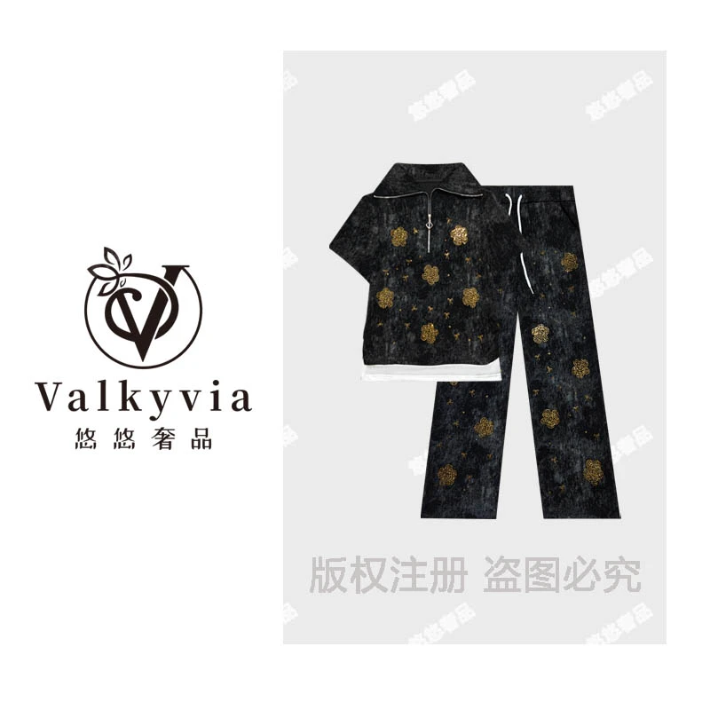 【Valkyvia/悠悠奢品】烫钻山茶花假两件设计师休闲套装TZ4229