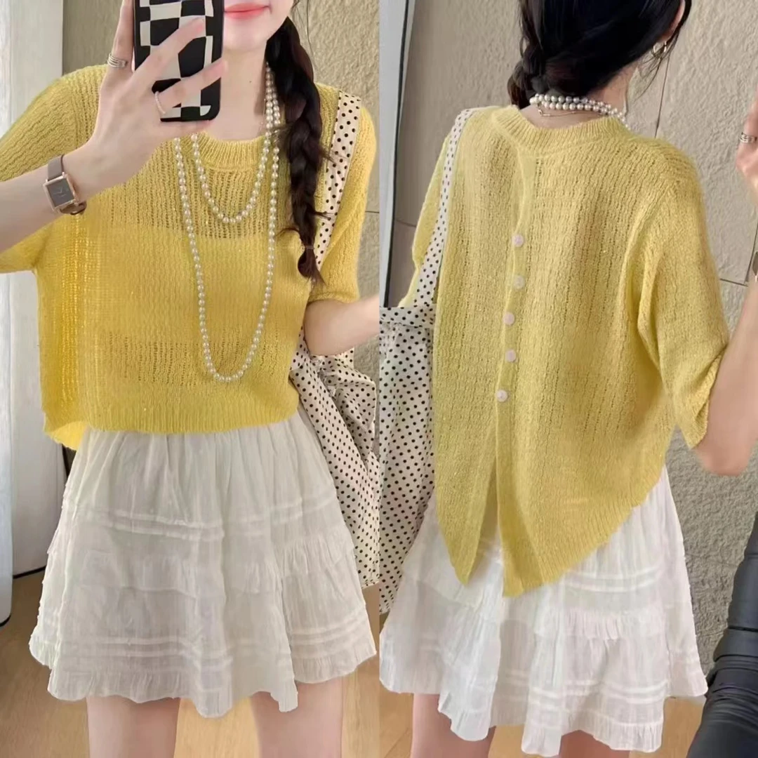 夏日超美亮闪闪设计感后背开叉短袖薄款针织衫女不规则上衣