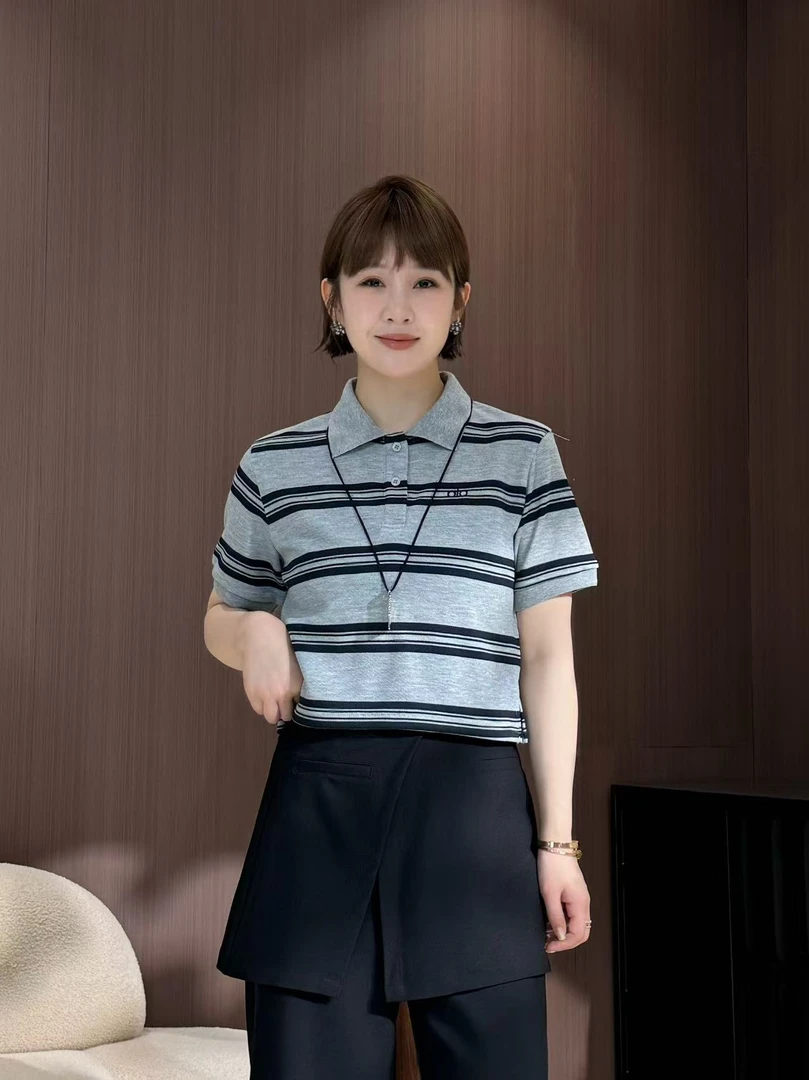 方和屿.短袖翻领刺绣条纹夏季韩版休闲宽松上衣短袖T恤时尚25337