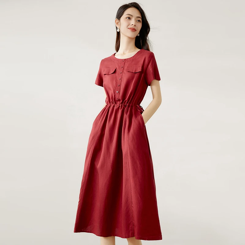 晚白时尚亚麻红裙气质宴会休闲收腰莱赛尔连衣裙24030808