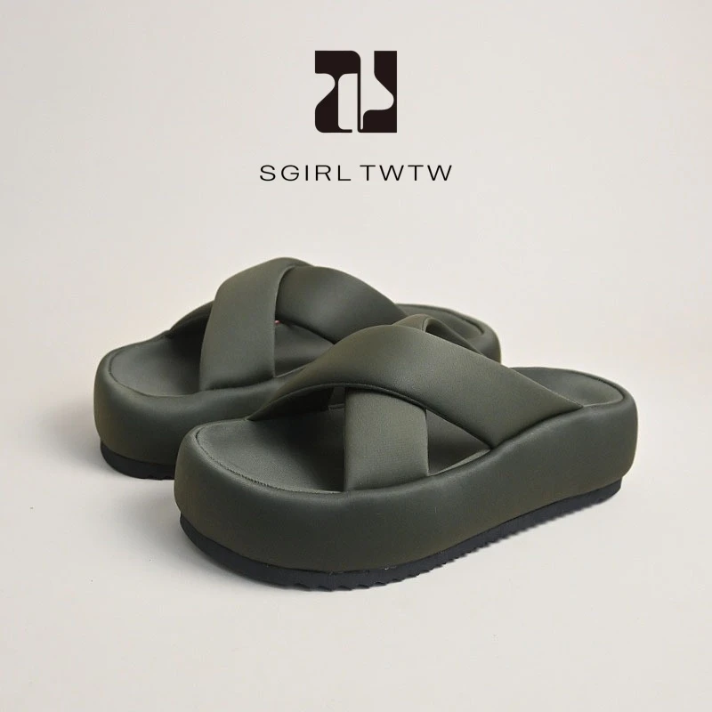 SGIRL 日系交叉带厚底露趾拖鞋2025夏季新款户外露营百搭沙滩鞋女