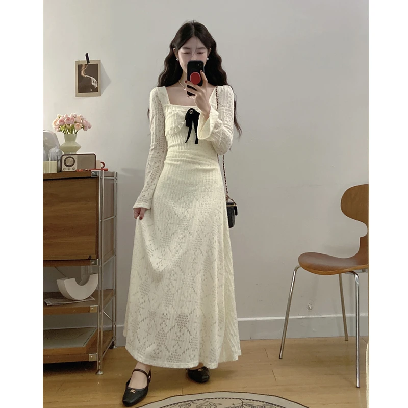 大码女装2025春季甜美温柔风蝴蝶结拼接蕾丝气质百搭长袖连衣裙仙