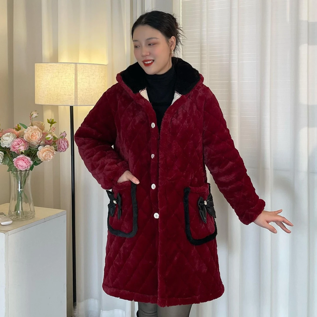 新款棉服保暖冬季棉衣连帽大衣中长款宽松三层夹棉加绒加厚时尚