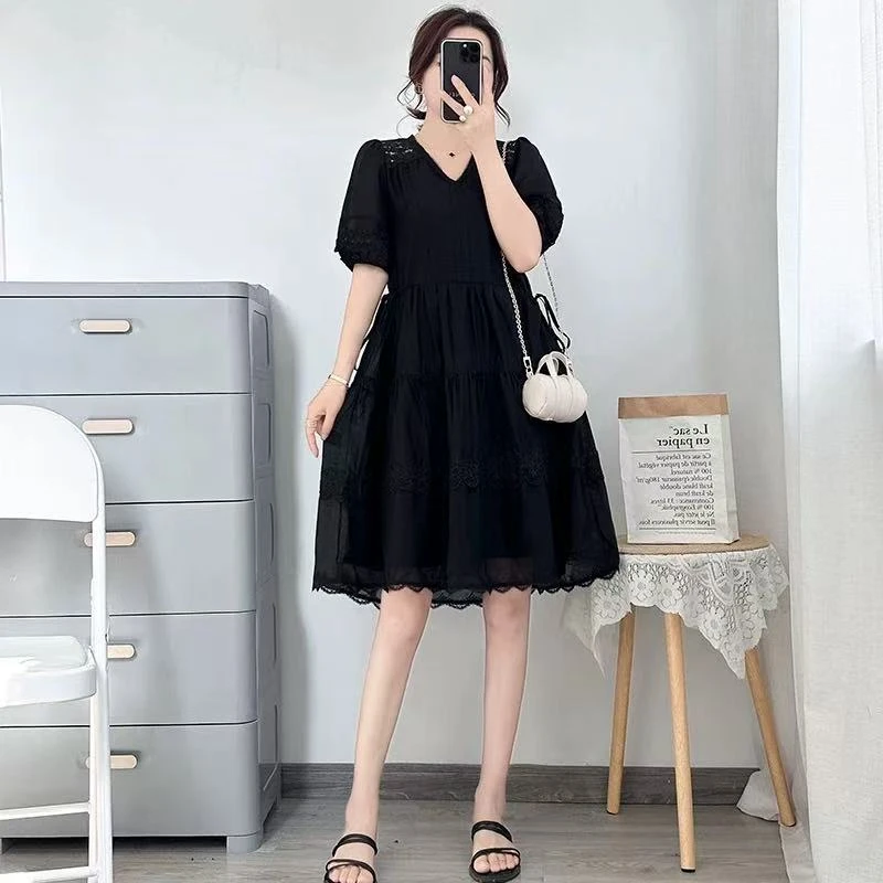 【JX7271黑色裙】2025时尚优雅百搭洋气款夏季短袖中长款连衣裙