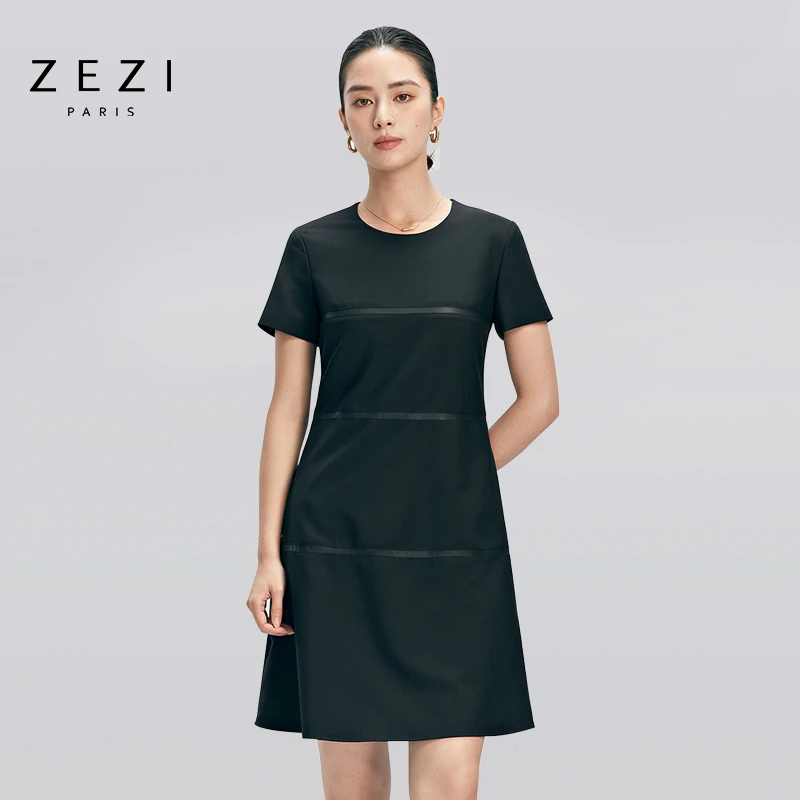 ZEZI【小水专属】拼接设计显瘦黑色连衣裙23SS1076-D