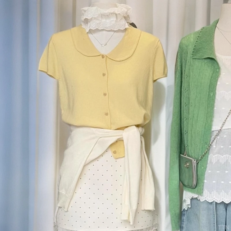 韩国chic2025夏季温柔减龄娃娃领单排扣软糯休闲百搭飞飞袖针织衫