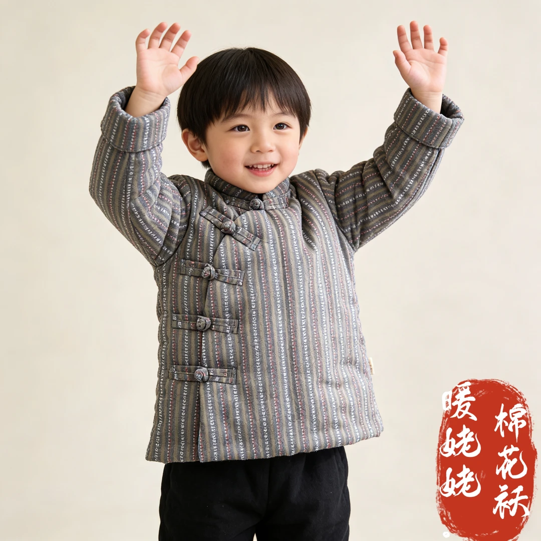 暖姥姥-儿童手工棉花衣粗布男女宝宝手缝偏襟棉袄斜襟盘扣女童