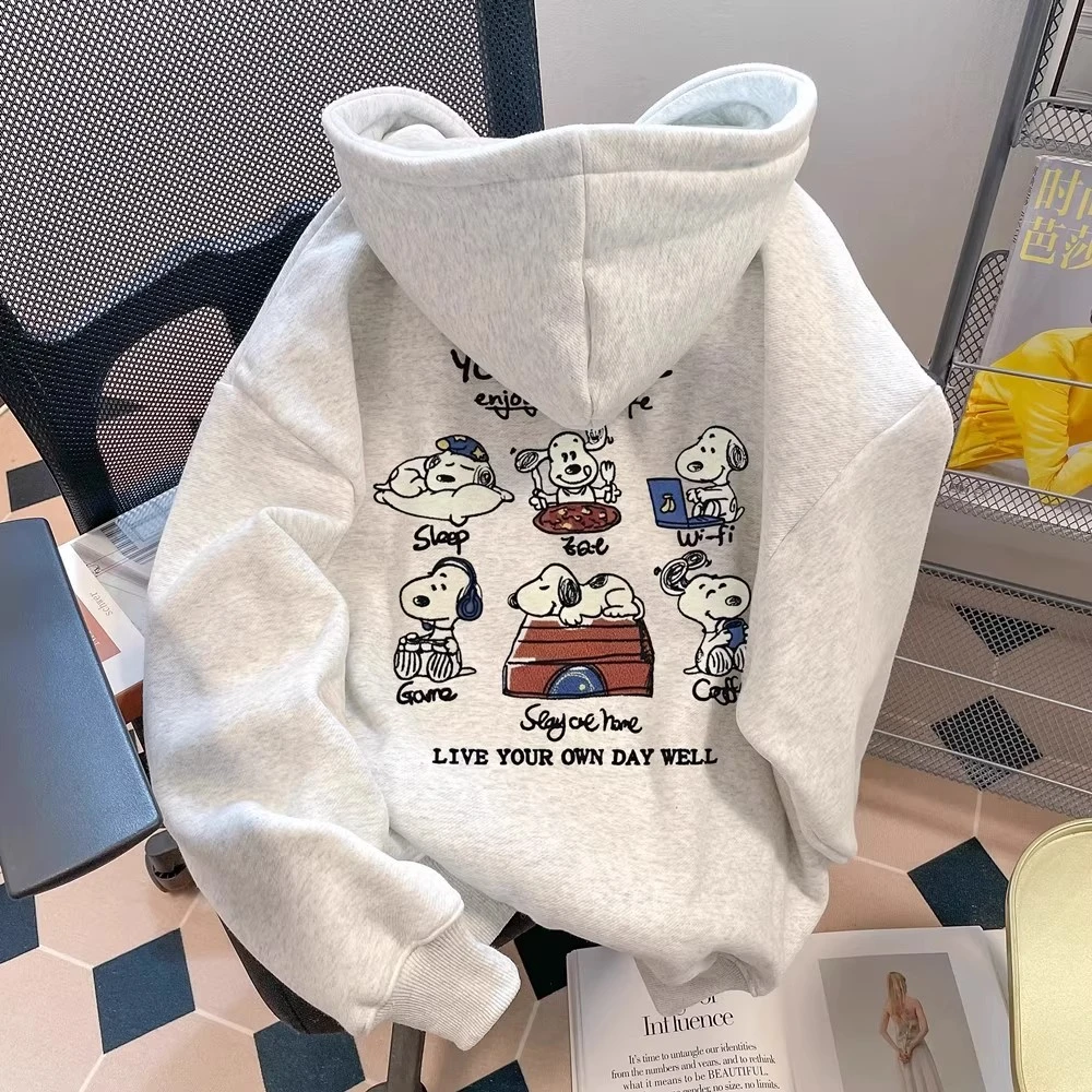 秋冬季i美式慵懒chic卡通史努比印花连帽卫衣男女ins加绒宽松上衣