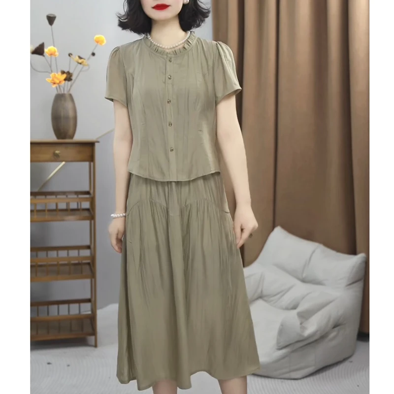 中年妈妈洋气大码双丝皱连衣裙女2025新款夏季假两件气质显瘦裙子