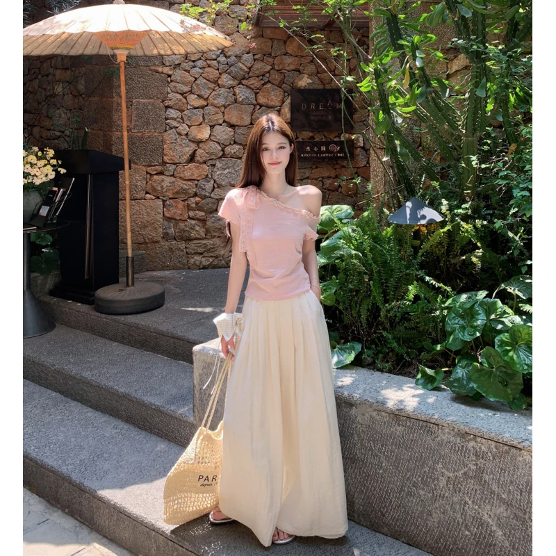 2025新款法式气质芭蕾风甜美修身短款别致小衫垂感阔腿裤套装女夏