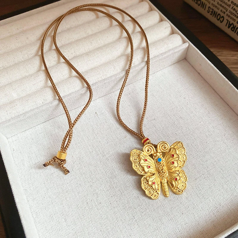 合金吊坠 中古金色蝴蝶吊坠项链女款气质百搭复古韦雪同款配饰品