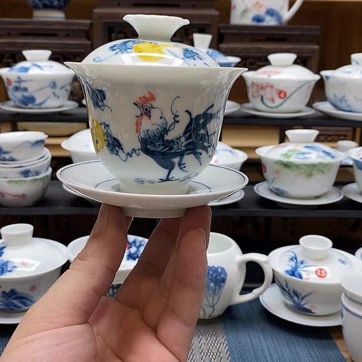 手绘微瑕公鸡盖碗