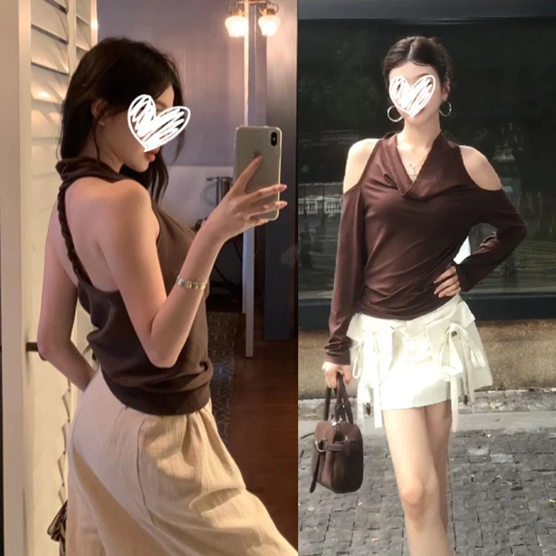 现货!2025夏新款老钱风时尚高级感荡领挂脖扭绳吊带露背辣妹上衣