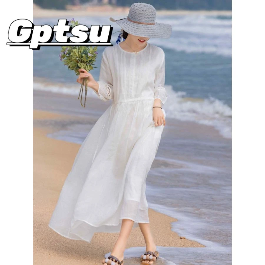 GPTSu白色连衣裙女夏季法式高级感宽松海边度假飘逸大摆沙滩长裙