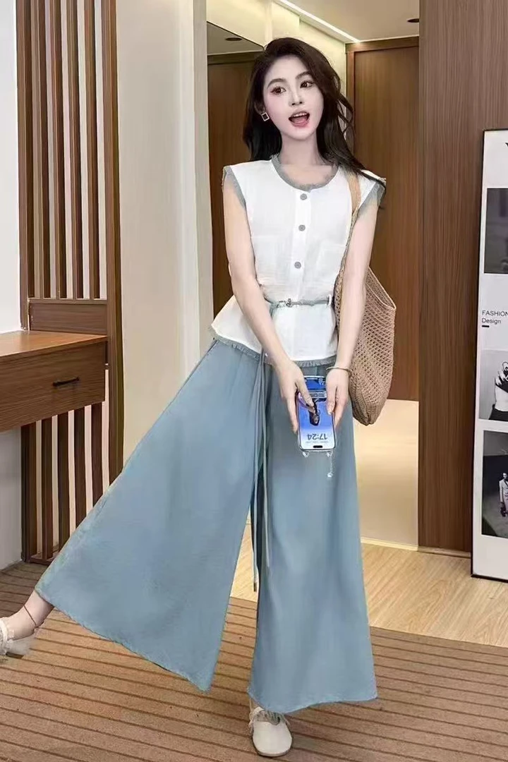 时尚气质流苏撞色背心上衣收腰显瘦无袖阔腿裤套装小香风洋气休闲